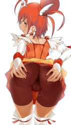  1girl absurdres ass ass_grab bike_shorts blush cameltoe choker clothes_lift cure_sunny detached_sleeves highres hino_akane_(smile_precure!) magical_girl messatsu_tan orange_choker orange_eyes parted_lips precure red_hair red_ribbon red_shorts ribbon shorts shorts_under_skirt skin_tight skirt skirt_lift smile smile_precure! solo spread_ass steam  rating:Questionable score:111 user:danbooru