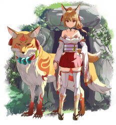 1girl animal_ear_fluff animal_ears bare_shoulders black_footwear black_panties breasts character_request closed_mouth collarbone commentary_request detached_sleeves fox fox_ears fox_girl fox_tail hip_vent japanese_clothes kakuno kimono long_hair long_sleeves medium_breasts panties pleated_skirt ponytail red_eyes red_skirt sandals side-tie_panties skirt smile solo strapless tail thighhighs underwear uraniwa_no_tochi-gami-sama white_kimono white_sleeves white_thighhighs wide_sleeves zouri