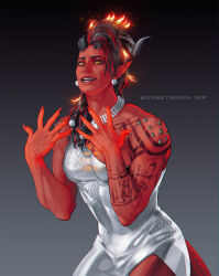  1girl baldur&#039;s_gate baldur&#039;s_gate_3 black_hair breasts broken_horn colored_skin demon_girl demon_horns demon_tail dress dungeons_&amp;_dragons earrings gradient_background grey_background hands_up horns jewelry karlach long_hair looking_at_viewer multicolored_hair muscular muscular_female pointy_ears red_hair red_skin slit_pupils smile solo sunsetagain tail tattoo tiefling two-tone_hair white_dress yellow_eyes 