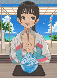  1girl beach bikini black_eyes black_hair bowl cloud cloudy_sky collarbone facing_viewer food highres holding holding_spoon jacket looking_to_the_side mashiro_ka ocean open_clothes open_jacket original palm_tree ponytail print_bikini shaved_ice sky solo spoon summer swimsuit swimsuit_under_clothes table tongue tongue_out track_jacket tray tree 
