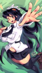  1girl blush breasts filia_(skullgirls) green_background highres large_breasts looking_at_viewer navel necktie open_mouth outstretched_arm outstretched_hand pleated_skirt pocket red_eyes ryuji_(red-truth) samson_(skullgirls) school_uniform shirt shoes skirt skullgirls solo stomach teeth thighhighs thighs 
