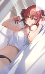  1girl breasts camisole cleavage heterochromia highres hololive houshou_marine large_breasts looking_at_viewer lying on_back panties red_eyes red_hair reulem smile solo underwear virtual_youtuber yellow_eyes  rating:Sensitive score:18 user:victusr34