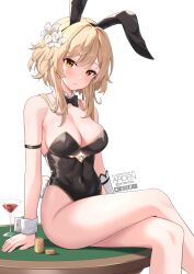  1girl animal_ears ardenlolo arm_strap bare_legs bare_shoulders black_hairband black_leotard blonde_hair bow bowtie breasts cleavage cocktail_glass coin covered_navel crossed_legs cup detached_collar drinking_glass fake_animal_ears fake_tail flower genshin_impact gold_trim hair_flower hair_ornament hairband highleg highleg_leotard leotard lumine_(genshin_impact) medium_breasts orange_eyes parted_lips playboy_bunny rabbit_ears rabbit_tail short_hair_with_long_locks sidelocks sitting solo strapless strapless_leotard tail thighs wrist_cuffs  rating:Sensitive score:48 user:danbooru