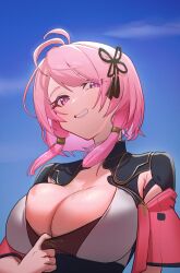  1girl antenna_hair armor blue_sky breasts cleavage clothes_pull day eyelashes grin hair_ornament large_breasts looking_at_viewer medium_hair nyanom pink_eyes pink_hair pulling_own_clothes red_sleeves shirt_pull short_hair_with_long_locks short_sleeves shoulder_armor sky smile solo swept_bangs taoqi_(wuthering_waves) teeth upper_body wuthering_waves  rating:Sensitive score:17 user:Sir_Cumalot