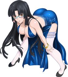  10s 1girl ass bent_over black_hair blue_dress bracelet breasts brown_eyes cleavage dress glasses high_heels high_school_dxd highres jewelry large_breasts long_hair semi-rimless_eyewear shinra_tsubaki side_slit solo standing thighhighs under-rim_eyewear white_thighhighs  rating:Sensitive score:64 user:arutos