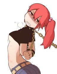  1girl anger_vein angry arched_back arms_behind_back bdsm bondage bound bound_arms bound_wrists breasts chain clothes_lift collar cuffs cuffs-to-collar drooling hen_zemi highres katou_anna nns_(sobchan) pink_hair ponytail revision shirt_lift slave solo transparent_background underboob vector_trace  rating:Questionable score:89 user:PhenoTap