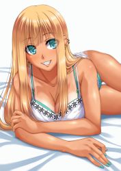  1girl :d aqua_bra aqua_eyes aqua_nails bad_id bad_pixiv_id bare_arms bare_shoulders bed_sheet blonde_hair bra breasts camisole chiro cleavage commentary_request earclip eyes_visible_through_hair grin large_breasts long_hair looking_at_viewer lying nail_polish open_mouth original panties revision smile solo tan tanline teeth thigh_gap underwear 