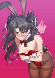  ! !! 1girl alternate_costume animal_ears areola_slip black_hair black_ribbon blush bow bowtie breasts brown_pantyhose closed_mouth commentary_request covering_breasts covering_privates crossed_arms detached_collar embarrassed fake_animal_ears fake_tail fate/stay_night fate_(series) green_eyes hair_ribbon highleg highleg_leotard highres leaning_forward leotard miga_(migao) pantyhose playboy_bunny rabbit_ears rabbit_tail red_background red_bow red_bowtie red_leotard ribbon small_breasts solo spoken_exclamation_mark tail thighband_pantyhose tohsaka_rin two_side_up white_wrist_cuffs wrist_cuffs  rating:Questionable score:71 user:danbooru