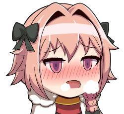  1boy astolfo_(fate) black_bow blush bow braid breath cape chibi chinese_text dyxm empty_eyes fang fate_(series) fur-trimmed_cape fur_trim hair_bow hair_intakes long_hair male_focus no_nose open_mouth pink_eyes pink_hair single_braid solo trap white_background 