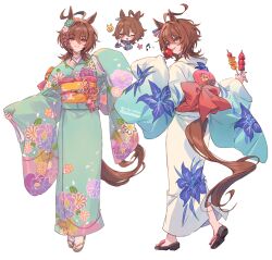  1girl agnes_tachyon_(umamusume) ahoge animal_ears blue_kimono brown_hair candy_apple chibi chibi_inset closed_mouth eighth_note flower food green_kimono hair_between_eyes hair_flower hair_ornament holding holding_food holding_skewer horse_ears horse_girl horse_tail japanese_clothes kimono licking_lips long_sleeves looking_at_viewer medium_hair multiple_views musical_note obi red_eyes sandals sash simple_background skewer smile tabi tail tongue tongue_out tracen_ondo_outfit_(umamusume) umamusume welchino white_background wide_sleeves yukata 