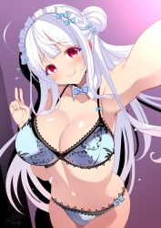  1girl absurdres azur_lane blue_bow blue_bowtie bow bowtie bra breasts cowboy_shot cygnet_(azur_lane) detached_collar double_bun flying_sweatdrops hair_bun highres lace lace-trimmed_bra lace-trimmed_panties lace_trim large_breasts lingerie long_hair maid_headdress origami_aya panties purple_background red_eyes selfie solo underwear underwear_only white_hair 