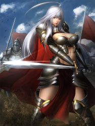 1girl abs ahoge armor breasts cape cleavage crop_top full_armor gauntlets greaves highres huge_ahoge knight large_breasts lips long_hair looking_at_viewer midriff minami_koyogi miniskirt original partial_armor red_eyes revealing_clothes silver_hair skirt solo_focus sword thighs weapon rating:Sensitive score:19 user:danbooru