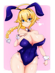 1girl :o ahoge alternate_costume animal_ears bare_shoulders blazblue blazblue:_central_fiction blonde_hair blue_eyes braid breasts cleavage collarbone cowboy_shot cuff_links es_(xblaze) eyebrows fake_animal_ears hair_between_eyes hair_ornament huge_breasts leotard looking_at_viewer playboy_bunny rabbit_ears single_braid solo sprout_(33510539) thighs xblaze xblaze_code:_embryo rating:Sensitive score:45 user:Incubus_Index