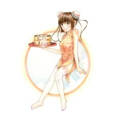 1girl breasts brown_hair chignon china_dress chinese_clothes dress highres medium_breasts socks solo tray white_socks
