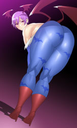  1girl ass bare_shoulders bent_over boots bridal_gauntlets capcom demon_girl from_behind head_wings high_heel_boots high_heels highres huge_ass legs leotard lilith_aensland looking_at_viewer nata pantyhose purple_hair red_eyes shiny_clothes shiny_skin short_hair smile solo standing thick_thighs thighs vampire_(game) wide_hips wings 