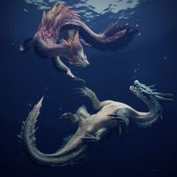  3d absurdres air_bubble animal_focus bubble caustics claws commentary english_commentary fins from_side full_body head_fins highres ivorylagiacrus lagiacrus long_tail looking_at_another looking_back mizutsune monster_hunter_(series) no_humans purple_fur refraction reptile submerged swimming tail underwater 