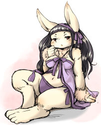  1girl black_hair breasts brown_eyes female_focus full_body furry furry_female gradient_background long_hair open_mouth panties rabbit setouchi_kurage solo underwear white_background  rating:Questionable score:4 user:KemonoLover96