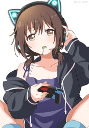  1girl absurdres alternate_costume animal_ear_headphones animal_ears black_jacket blue_shirt blush brown_eyes brown_hair candy cat_ear_headphones collarbone commentary controller fake_animal_ears food funami_yui game_controller hair_between_eyes hand_on_headphones headphones highres holding holding_controller holding_game_controller hood hooded_jacket jacket lollipop long_sleeves looking_at_viewer low_twintails mouth_hold nnn_yryr open_clothes open_jacket shirt short_hair short_twintails simple_background sitting solo spaghetti_strap symbol-only_commentary twintails twitter_username white_background yuru_yuri  rating:Sensitive score:7 user:danbooru