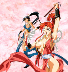 1990s_(style) 1girl alternate_color arms_up black_hair blue_hair breasts dual_persona dual_wielding fatal_fury highres holding large_breasts long_hair official_art oobari_masami panties player_2 ponytail red_hair retro_artstyle revealing_clothes shiranui_mai sideboob snk the_king_of_fighters thong underwear rating:Sensitive score:23 user:danbooru