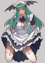  1girl absurdres ap_cammy apron black_dress blunt_bangs breasts dress frilled_apron frilled_dress frills garter_straps gloves green_eyes green_hair grey_background head_wings heart highres large_breasts lifted_by_self long_hair looking_at_viewer maid maid_headdress medium_breasts morrigan_aensland puffy_short_sleeves puffy_sleeves short_sleeves solo thighhighs vampire_(game) white_apron white_gloves white_thighhighs wings 