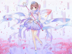  1girl absurdres bad_id bad_pixiv_id brown_hair card cardcaptor_sakura commentary_request crown dress floating floating_object flower full_body gloves gold_trim green_eyes hand_up highres holding holding_wand kinomoto_sakura magical_girl nkohime pink_flower reflective_floor short_hair solo standing standing_on_one_leg wand white_dress white_gloves 