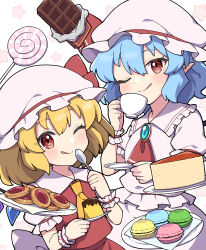  2girls :q absurdres ascot blonde_hair blue_hair brooch cake candy chocolate chocolate_bar commentary cookie cup dress flandre_scarlet food highres holding holding_cup holding_plate holding_saucer holding_spoon jewelry lollipop macaron miz_(mizillustration) multiple_girls pink_dress pink_hair plate pudding red_ascot red_eyes red_shirt remilia_scarlet sailor_collar saucer shirt short_hair siblings simple_background sisters spoon star_(symbol) tongue tongue_out touhou upper_body white_background white_sailor_collar wrist_cuffs yellow_ascot 