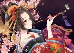  1girl animal bangs_pinned_back black_hair bow bug butterfly collarbone commentary_request flower forehead green_eyes hair_ornament hand_up highres holding holding_smoking_pipe insect japanese_clothes kimono kiseru nekozuki_yuki original parted_lips petals pink_flower red_bow red_kimono signature smoking_pipe solo watermark white_kimono 