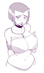 1girl blush bob_cut bra breasts clothes_lift curvy dc_comics embarrassed facial_mark forehead_jewel forehead_mark gem highres large_breasts looking_at_viewer navel panties plump raven_(dc) shirt_lift short_hair simple_background sketch skindentation solo teen_titans underwear white_background wide_hips rating:Questionable score:62 user:Anon_Perv