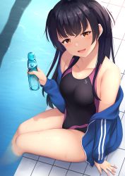 1girl :d bare_shoulders black_hair black_ribbon black_one-piece_swimsuit blue_jacket blush breasts collarbone commentary_request competition_swimsuit hair_ribbon highres holding idolmaster idolmaster_shiny_colors jacket long_hair long_sleeves looking_at_viewer mayuzumi_fuyuko medium_breasts momo_no_kanzume off_shoulder on_floor one-piece_swimsuit open_mouth pool poolside red_eyes ribbon sidelocks sitting smile soaking_feet solo swimsuit thighs track_jacket tupet water rating:Sensitive score:25 user:danbooru