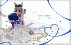  1girl animal_ears bad_id bad_pixiv_id blue_bow blue_eyes blue_flower blue_ribbon blue_rose blush bouquet bow cat_ears character_name copyright_name dress elbow_gloves flower g41_(girls&#039;_frontline) girls&#039;_frontline gloves hair_bow heterochromia highres holding holding_bouquet hwayoung looking_away red_eyes ribbon rose seiza sitting smile solo thighhighs wedding_dress white_gloves white_thighhighs 