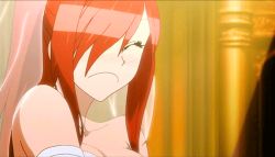  1girl animated animated_gif blush dress embarrassed erza_scarlet fairy_tail fairy_tail_houou_no_miko hair_over_one_eye lowres red_hair wedding_dress 