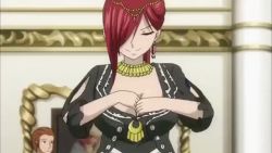 1girl animated animated_gif between_breasts breasts cat charle_(fairy_tail) cleavage erza_scarlet fairy_tail huge_breasts large_breasts pantherlily red_hair subtitled rating:Questionable score:76 user:superheroinefan
