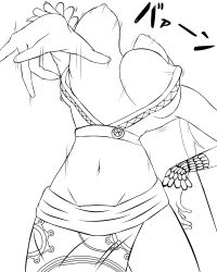  1girl boa_hancock bouncing_breasts breasts covered_erect_nipples cowboy_shot facing_viewer female_focus groin hand_on_own_hip head_back highres large_breasts legs_apart lineart long_sleeves midriff monochrome motion_lines navel nipples no_bra one_breast_out one_piece pointing pointing_at_viewer sarong simple_background sleeves_past_wrists solo standing wardrobe_malfunction white_background  rating:Questionable score:3 user:fav-gotes
