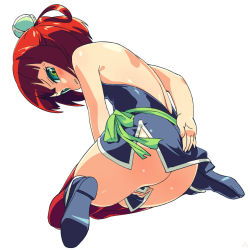  1girl ass backless_outfit batsu_(takuan_to_batsu_no_nichijou_enmachou) blush covering_privates covering_crotch embarrassed full_body green_eyes hair_rings loli looking_back no_panties om_(nk2007) red_hair red_thighhighs short_hair simple_background solo takuan_to_batsu_no_nichijou_enmachou thighhighs white_background  rating:Questionable score:75 user:danbooru