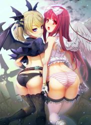  2girls angel angel_and_devil angel_wings ass back bat_wings belt belt_skirt black_legwear black_wings blonde_hair blue_eyes blush boots bottomless bow bridal_garter casper cave_(developer) deathsmiles demon demon_wings devil flat_chest frills from_behind gloves hair_bow hair_ornament hair_ribbon halterneck head_wings holding_hands lace lace-trimmed_legwear lace_trim loli long_hair looking_at_viewer looking_back midriff multiple_girls naughty_face nitroplus no_panties ookuma_(nitroplus) open_mouth outdoors panda_(pixiv) panties pussy red_eyes red_hair ribbon short_hair short_twintails smile standing striped_clothes striped_panties thighhighs thighs trefoil twintails underwear white_legwear windia wings 