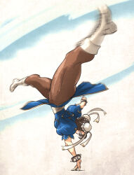  1girl blue_dress boots bracelet brown_pantyhose bun_cover capcom china_dress chinese_clothes chun-li commentary cross-laced_footwear double_bun dress english_commentary full_body hair_bun handstand highres ironlily jewelry kicking knee_boots lace-up_boots martial_arts narrow_waist one_arm_handstand pantyhose puffy_short_sleeves puffy_sleeves short_hair short_sleeves solo spiked_bracelet spikes spinning_bird_kick split street_fighter street_fighter_ii_(series) thick_thighs thighs upside-down white_footwear 