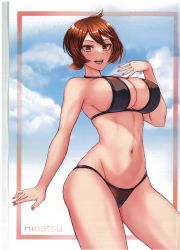  1girl absurdres ahoge arezu_(pokemon) bare_arms bare_shoulders bikini breasts cleavage cloud creatures_(company) fingernails game_freak hand_up highres large_breasts looking_at_viewer medium_breasts navel nintendo open_mouth pokemon pokemon_legends:_arceus red_eyes red_hair scan short_hair simple_background sky smile solo stomach swimsuit takecha thighs  rating:Sensitive score:65 user:danbooru