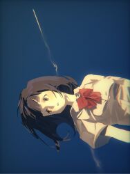  1girl arms_at_sides blue_sky bow bowtie brown_eyes brown_hair clear_sky collared_shirt contrail day highres looking_to_the_side medium_hair original outdoors parted_lips pukunosu8 red_bow red_bowtie school_uniform shadow shirt short_sleeves sidelocks sideways_glance sky solo teeth upper_body white_shirt 