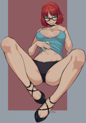1girl absurdres artist_name bare_arms bare_legs bare_shoulders black-framed_eyewear black_choker black_footwear black_panties blue_shirt breasts breasts_apart choker clothes_lift commentary commission english_commentary finger_to_mouth full_body glasses green_eyes groin heather_poe highres ittla large_breasts lifting_own_clothes looking_at_viewer looking_over_eyewear midriff navel no_pants panties red_hair shirt shirt_lift shoes short_hair simple_background smile solo spread_legs underwear v-shaped_eyebrows vampire:_the_masquerade_-_bloodlines world_of_darkness rating:Sensitive score:83 user:danbooru