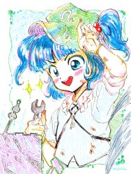  1girl :d blue_eyes blue_hair blue_shirt blush commentary_request green_hat hair_bobbles hair_ornament hat holding holding_wrench kawashiro_nitori key medinki official_style open_mouth shirt short_hair smile solo sparkle sweatdrop teeth touhou traditional_media two_side_up upper_teeth_only wrench zun_(style) 