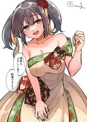  1girl :d bare_shoulders blue_hair breasts collarbone floral_dress floral_print floral_print_dress green_eyes green_nails hair_ribbon highres kantai_collection large_breasts looking_at_viewer matsunaga_(haku) open_mouth ribbon simple_background smile souryuu_(kancolle) twintails white_background 
