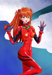  1girl :d \||/ absurdres aqua_background blue_background blue_eyes blush bodysuit commentary cowboy_shot curled_fingers gradient_background hair_between_eyes highres interface_headset knee_up long_hair neon_genesis_evangelion open_mouth pilot_suit plugsuit red_bodysuit red_hair skin_tight smile solo souryuu_asuka_langley standing standing_on_one_leg tomo115 w_arms waving white_background  rating:Sensitive score:3 user:danbooru