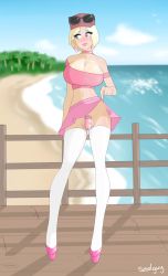 absurdres artist_name bare_shoulders beach bird blonde_hair blurry blurry_background breast_padding breasts calem_(pokemon) chastity_cage cleavage clothes_lift cloud creatures_(company) crossdressing earrings full_body futanari game_freak hat highres hoop_earrings jewelry kirt large_breasts lifted_by_self lips lipstick makeup midriff miniskirt newhalf nintendo no_panties ocean outdoors penis pink_footwear pink_lips pink_skirt pokemon pokemon_xy running_bond sealguy self_exposure shoes skirt skirt_lift sky small_penis solo standing sunglasses testicles thighhighs tree uncensored white_thighhighs wooden_floor rating:Explicit score:105 user:Juni221