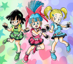  00s 1990s_(style) 3girls artist_request belt black_eyes black_gloves black_hair blonde_hair blue_dress blue_eyes blue_footwear blue_hair blue_vest blush bow bra_(dragon_ball) cosplay dragon_ball dragon_ball_gt dragon_quest dress earrings female_focus fingerless_gloves gloves green_dress green_footwear hair_bow hair_ornament hairclip heart heart_background hyper_blossom hyper_blossom_(cosplay) jewelry long_hair lowres marron_(dragon_ball) multiple_girls open_mouth pan_(dragon_ball) pink_dress pink_footwear pink_vest ponytail powered_buttercup powered_buttercup_(cosplay) powerpuff_girls powerpuff_girls_z retro_artstyle rolling_bubbles rolling_bubbles_(cosplay) short_hair smile star_(symbol) starry_background tagme teeth toriyama_akira_(style) twintails vest yellow_vest  rating:Sensitive score:42 user:chaosakita