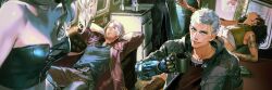 black_hair black_jacket blonde_hair blue_eyes blue_jacket boiling_pot cane cigarette_butt dante_(devil_may_cry) devil_may_cry_(series) devil_may_cry_5 highres holding holding_cane holding_mug jacket lady_(devil_may_cry) looking_at_viewer lying_on_couch mita_chisato music_box nero_(devil_may_cry) nico_(devil_may_cry) nude official_art one_eye_closed red_jacket smoking trish_(devil_may_cry) v_(devil_may_cry) vehicle_interior vergil_(devil_may_cry) white_hair