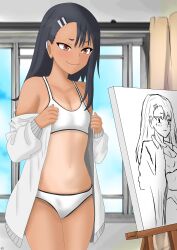  1girl 2023 absurdres artist_name asymmetrical_bangs bare_shoulders bikini black_hair breasts brown_eyes canvas_(object) closed_mouth collarbone cowboy_shot earclip easel female_focus hair_ornament hairclip highres ijiranaide_nagatoro-san indoors jacket long_hair long_sleeves matz nagatoro_hayase navel off_shoulder open_clothes open_jacket small_breasts smile solo standing swimsuit thighs wavy_mouth white_bikini white_jacket window 