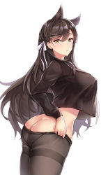 1girl adjusting_clothes adjusting_legwear alternate_costume animal_ears ass atago_(azur_lane) atago_(school_traumerei)_(azur_lane) azur_lane black_hair black_pantyhose black_shirt blush bow breasts butt_crack clothes_pull covered_erect_nipples crop_top crop_top_overhang extra_ears from_behind hair_between_eyes hair_ribbon highres large_breasts lingerie long_hair looking_at_viewer looking_back midriff mole mole_under_eye no_bra no_panties no_pants pantyhose pantyhose_pull parted_lips ribbon sailor sailor_collar school_uniform see-through_silhouette shirt simple_background skindentation solo standing swept_bangs thighband_pantyhose underwear white_background white_bow white_ribbon yuemanhuaikong rating:Questionable score:30 user:danbooru
