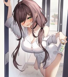  ahoge blush bottomless breasts brown_hair can choker cowboy_shot diieru door doorway dress_shirt drunk feet floor foot_up green_eyes hair_ornament highres holding holding_can indie_virtual_youtuber large_breasts leaning_on_object looking_at_viewer miori_celesta musical_note no_bra off_shoulder partially_undressed shirt single_off_shoulder slime_(creature) table thighs  rating:Sensitive score:0 user:danbooru