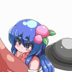  1boy 1girl animated animated_gif blue_hair fellatio food food-themed_hair_ornament fruit hair_ornament hat heart heart-shaped_pupils hinanawi_tenshi long_hair oral peach peach_hair_ornament penis pixel_art symbol-shaped_pupils touhou  rating:Explicit score:110 user:Zymeth345