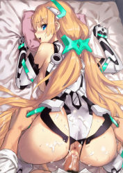  1boy 1girl :d absurdres angela_balzac anus ass bare_shoulders bed_sheet blonde_hair blue_eyes blush breastless_clothes breasts breasts_out censored clothed_sex clothes_grab crotch_cutout cum cum_on_ass doggystyle from_behind gloves hair_ornament happy_sex headgear hetero highres kawakami_rokkaku leotard long_hair looking_at_viewer looking_back medium_breasts mosaic_censoring on_bed open_mouth penis pillow pov rakuen_tsuihou sex sex_from_behind sheet_grab shiny_skin sideboob smile solo_focus source_request star_(symbol) star_hair_ornament sweat tongue top-down_bottom-up twintails vaginal very_long_hair  rating:Explicit score:179 user:danbooru